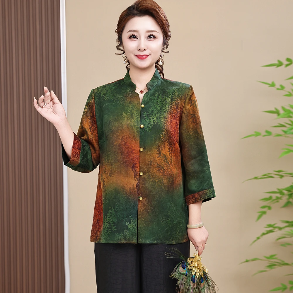 花罗香云纱中老年妈妈装衬衫绿竹开衫系扣七分袖小立领v领大码