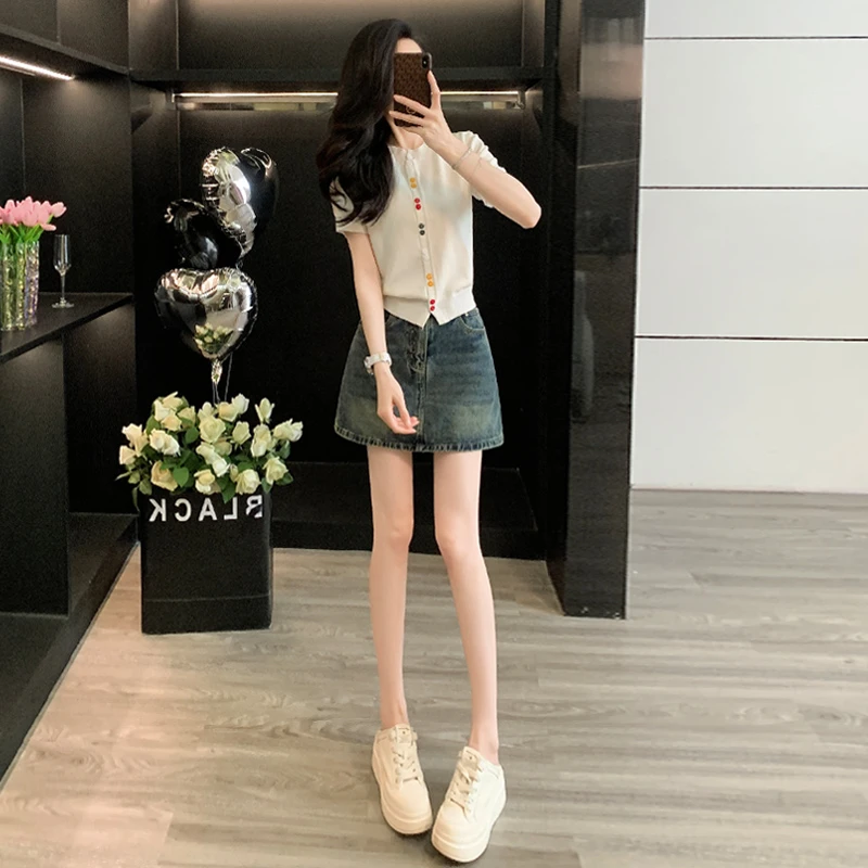 韩版时尚休闲套装女夏季新款圆领彩色纽扣针织衫短袖牛仔裙两件套