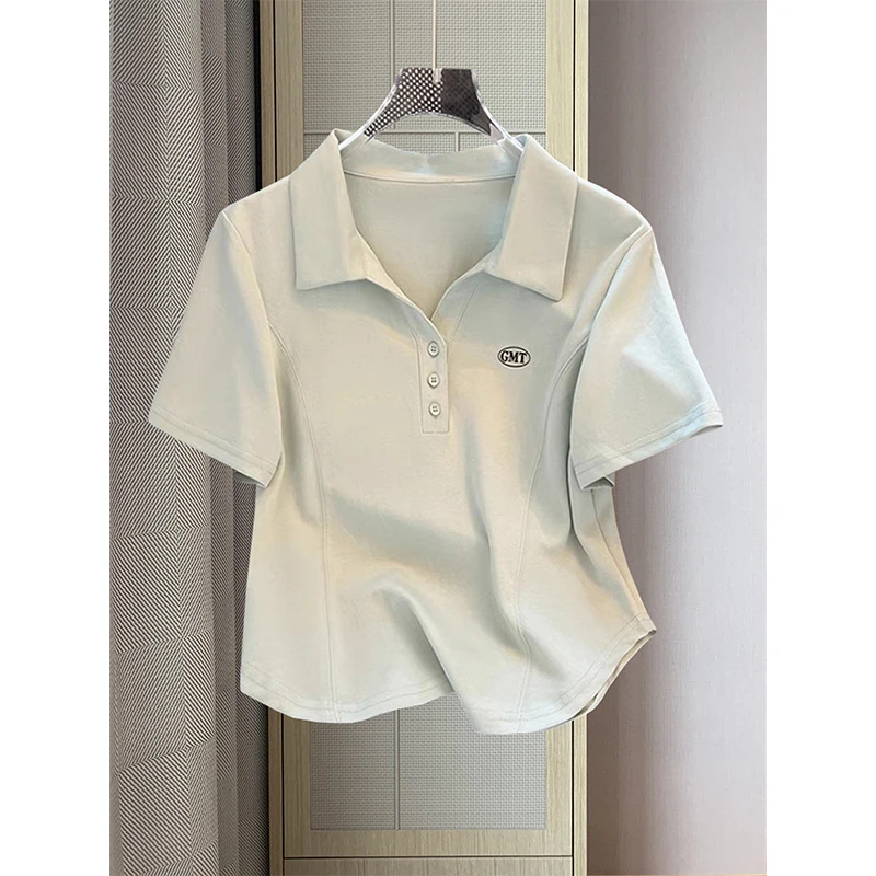 特大码200斤原宿风潮牌鱼骨线正肩V领polo衫女夏显瘦遮肉短袖t恤