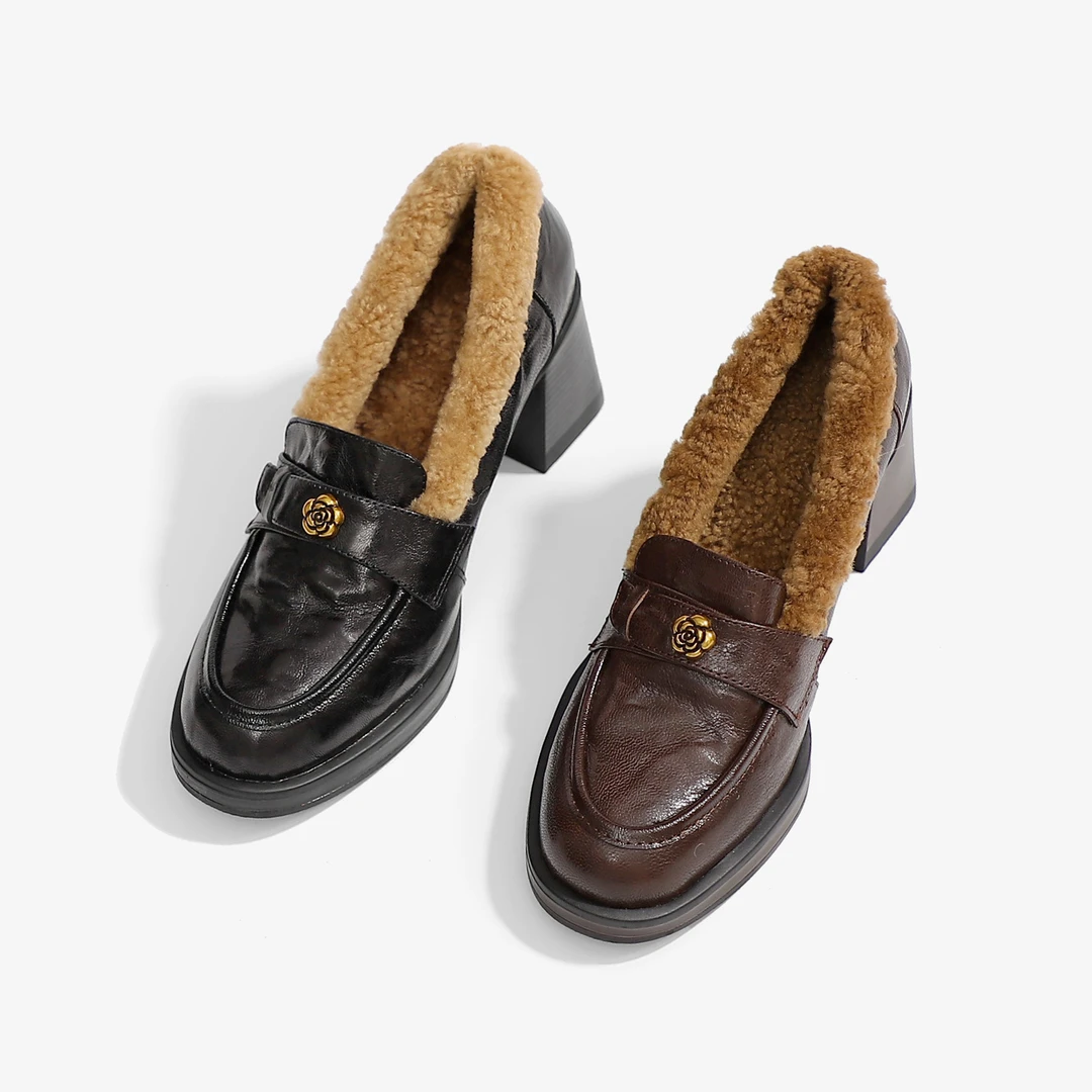 百搭浅口高跟乐福鞋圆头黑色辣妈妈鞋轻职风英伦风时尚真皮粗跟