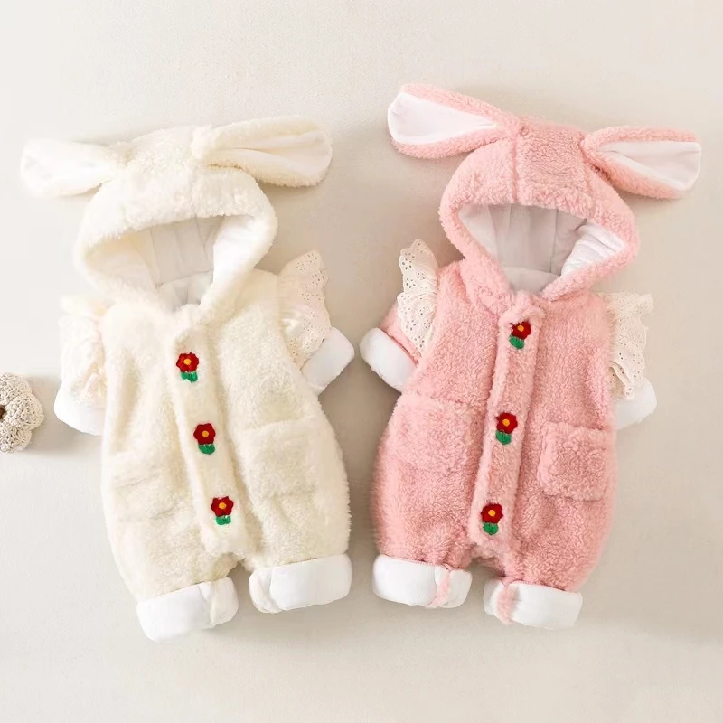 婴幼儿冬季兔耳帽花朵厚棉哈衣甜美可爱保暖外出爬服