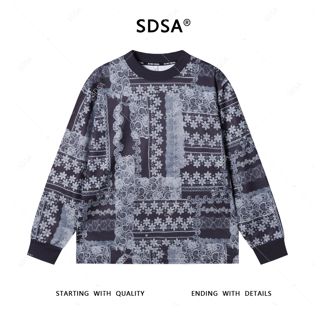 SDSA男士2025新款轻奢痞帅男装撞色花朵满印圆领长袖T恤潮流宽松