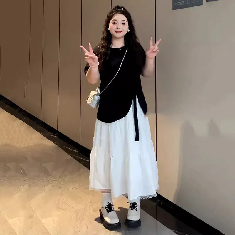 大码套装黑色短袖上衣白色半裙两件套女胖mm巨显瘦春夏穿搭一整套