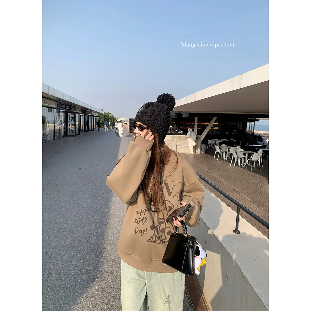 香菜不加辣XIANGCAI 复古原创涂鸦圆领卫衣女秋季新款套头上衣