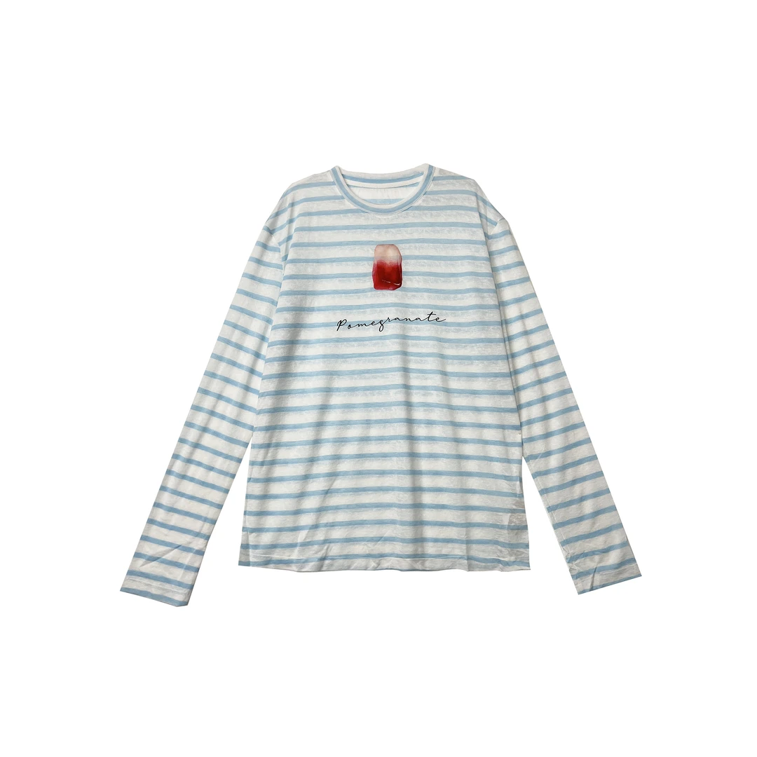 蓝色条纹上衣女夏设计感宽松简约小众轻薄百搭长袖T恤2502093