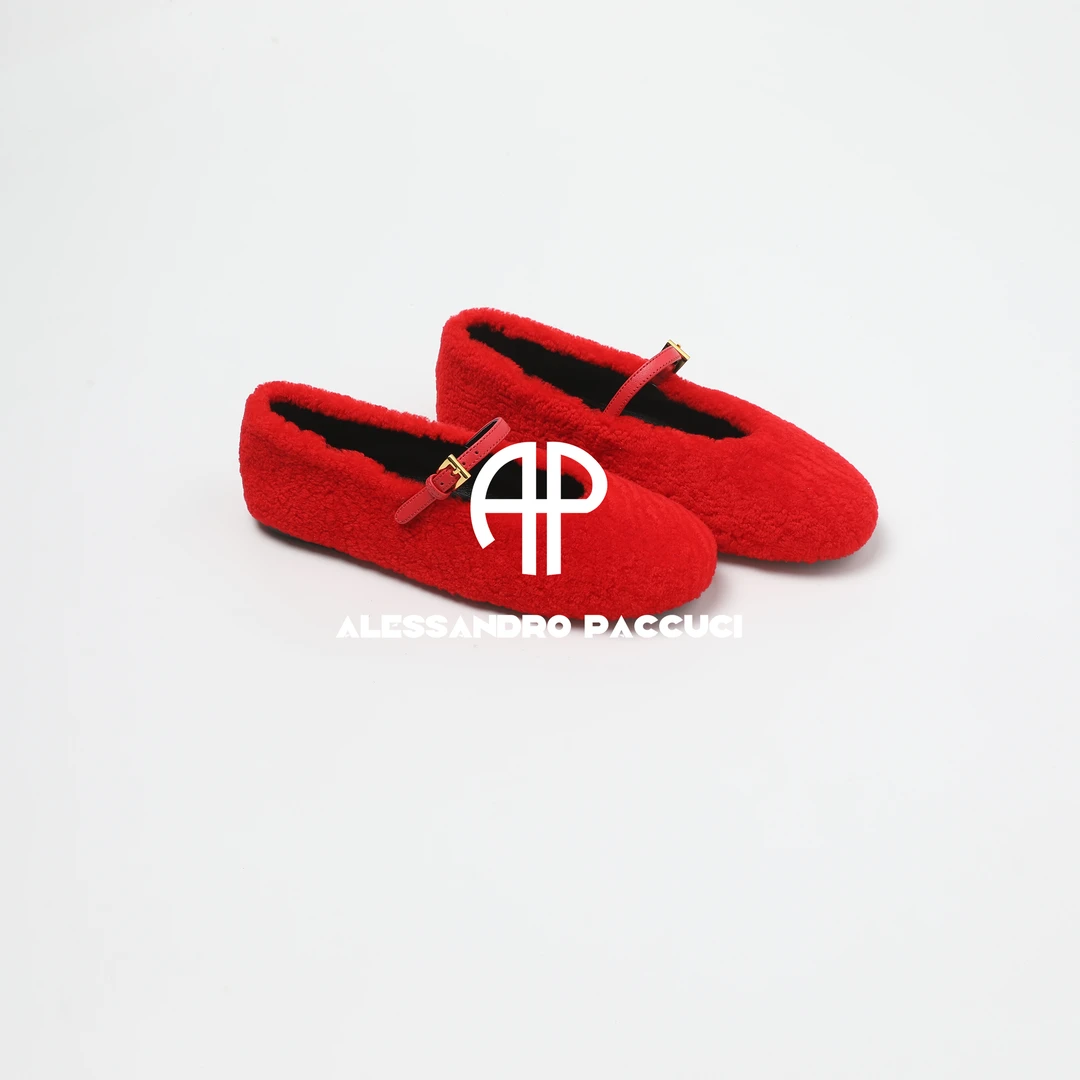 AP洛哥61003XA【茸茸玛丽珍/红色】羊皮毛一体圆头一字搭扣单鞋女装