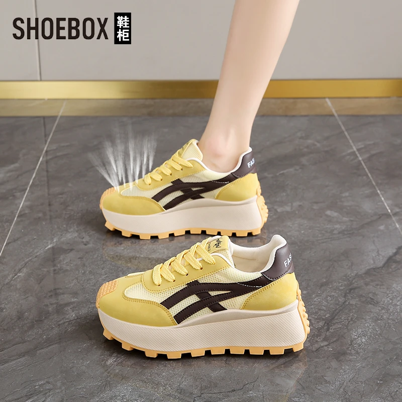 达芙妮集团旗下透气网面休闲鞋2025秋季新款厚底女鞋百搭黄色鞋子