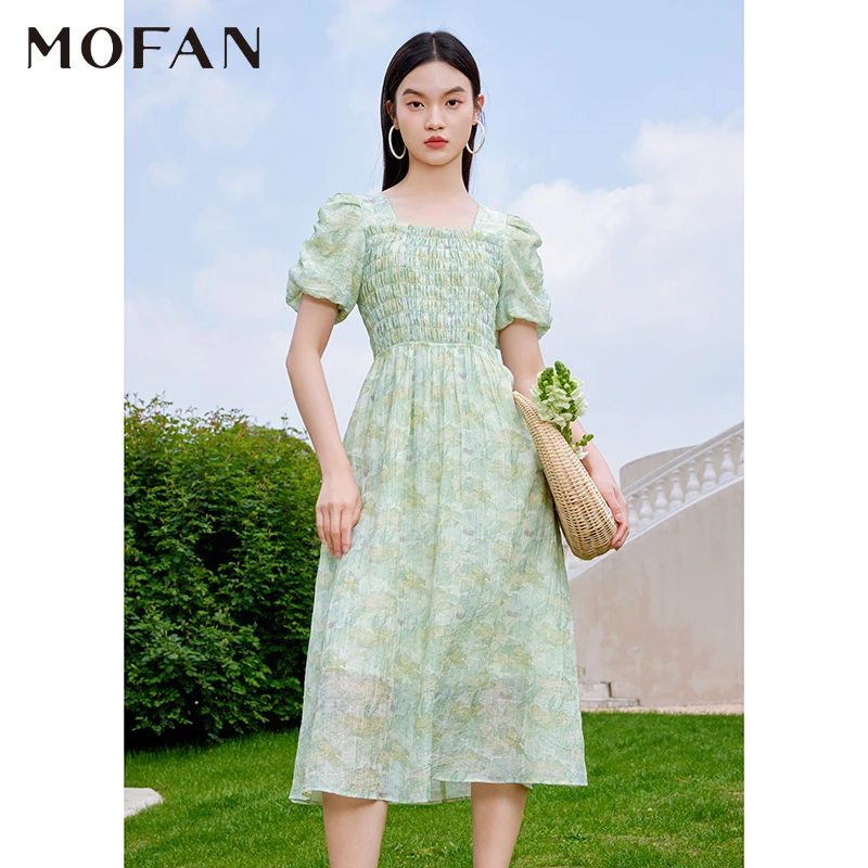 【羊羊粉丝专享】MOFAN摩凡夏新款绿色花纹连衣裙MDL365982