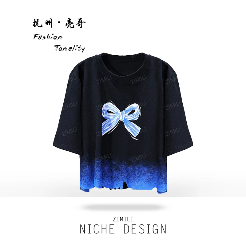 【亮哥女装】2025欧版时装周午夜黑渐变印花高克重短袖7777-B3