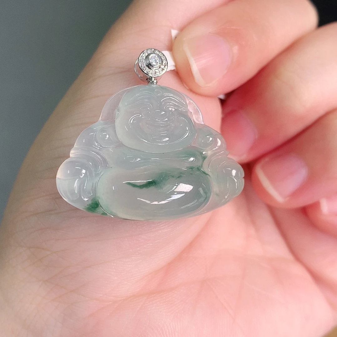 颈饰18K金镶嵌翡翠高冰飘绿佛公25-32-8