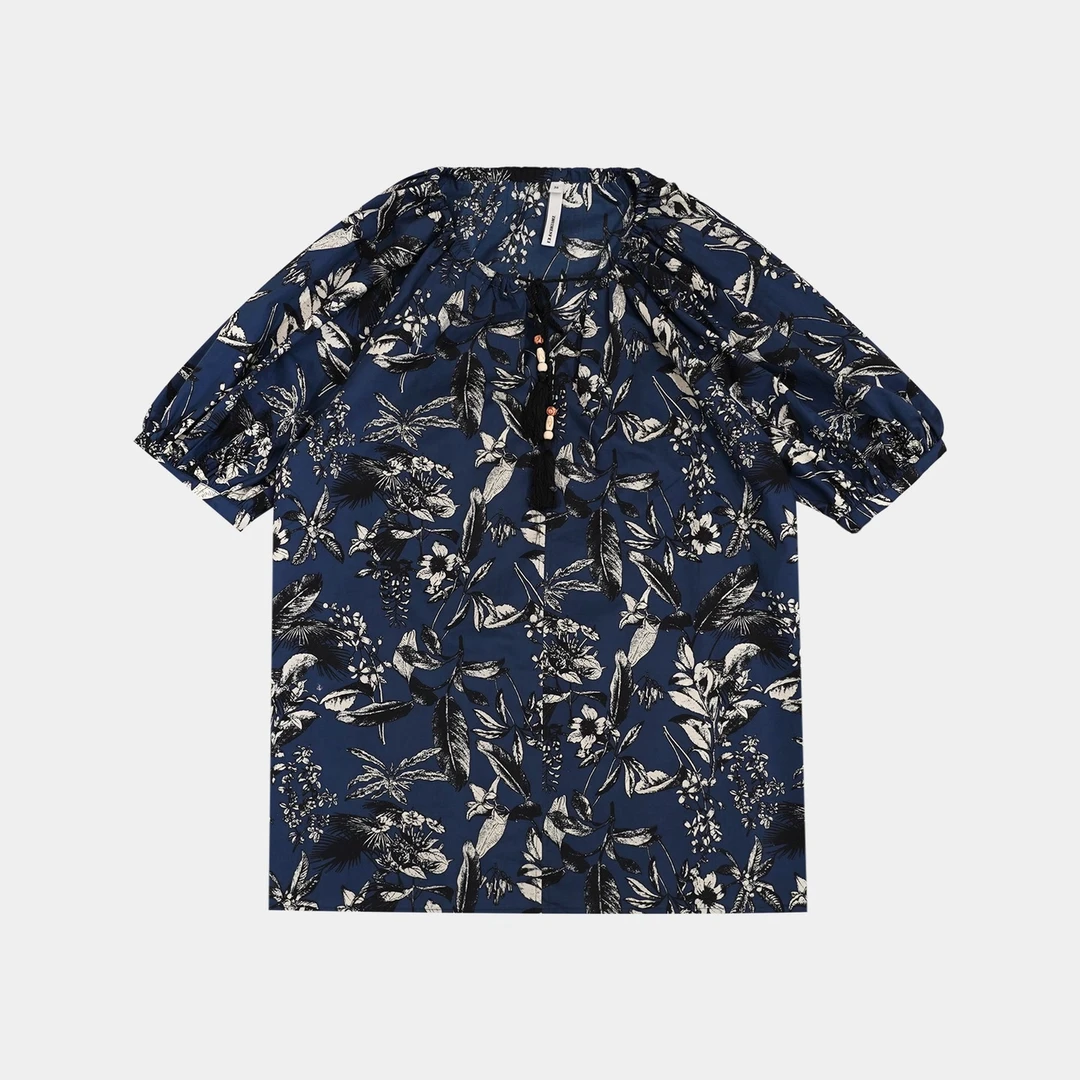 ZHUZHENFEI 100棉复古花鸟图夏季百搭短袖衬衫Z352458