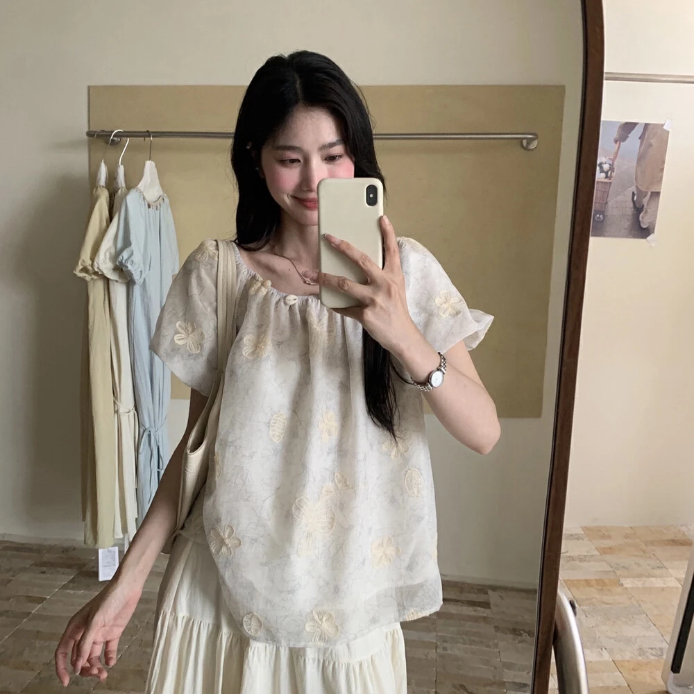 Cute Club 甜美风一字领不规则刺绣短袖小衫夏季宽松休闲百搭上衣