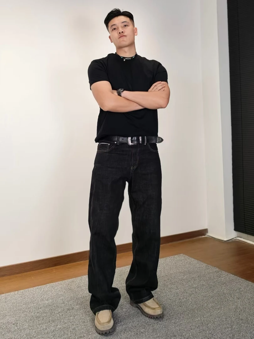 SOS赤耳原牛A字廓形直筒裤重磅硬挺红边原浆牛仔裤堆积感百搭长裤