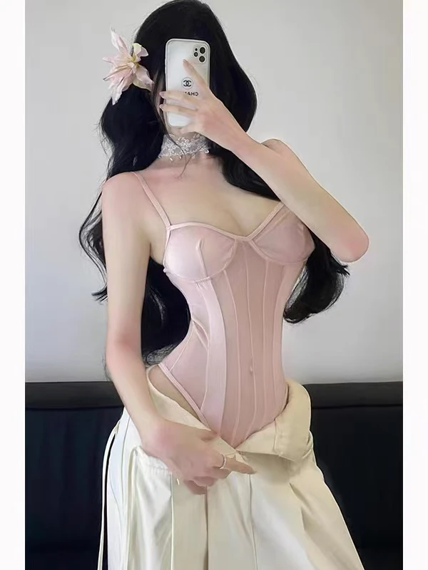 【Vivian】绯纱融蜜 性感透视紧身衣蕾丝网纱拼接内搭鱼骨连体衣女