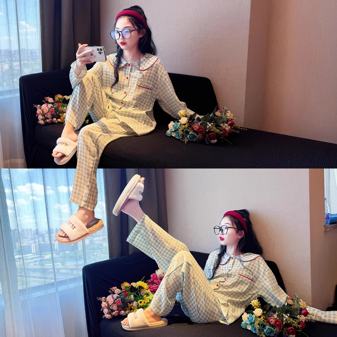儿童云朵睡衣套装秋季2025新款女童网红爆款家居服女大童格子秋装