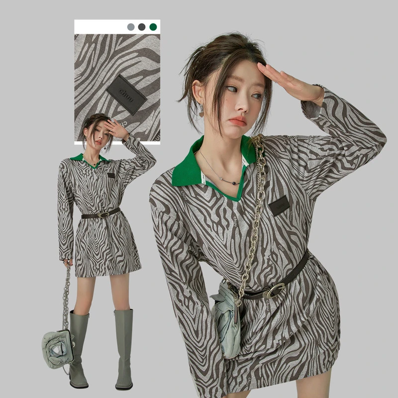 3310【金拐子专属】CHUU斑马纹POLO领裙子女长袖连衣裙-F