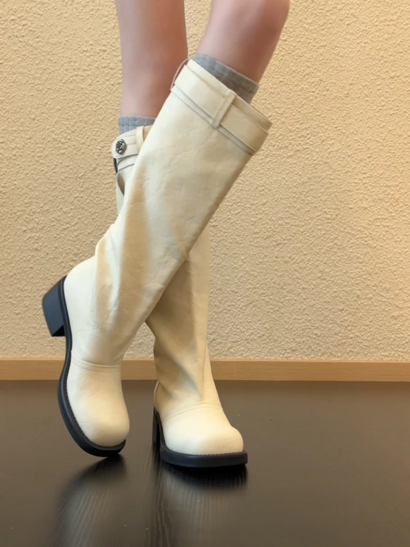 Pokoy-5cm复古圆头大筒围堆堆长靴设计感金属扣粗跟套筒骑士靴