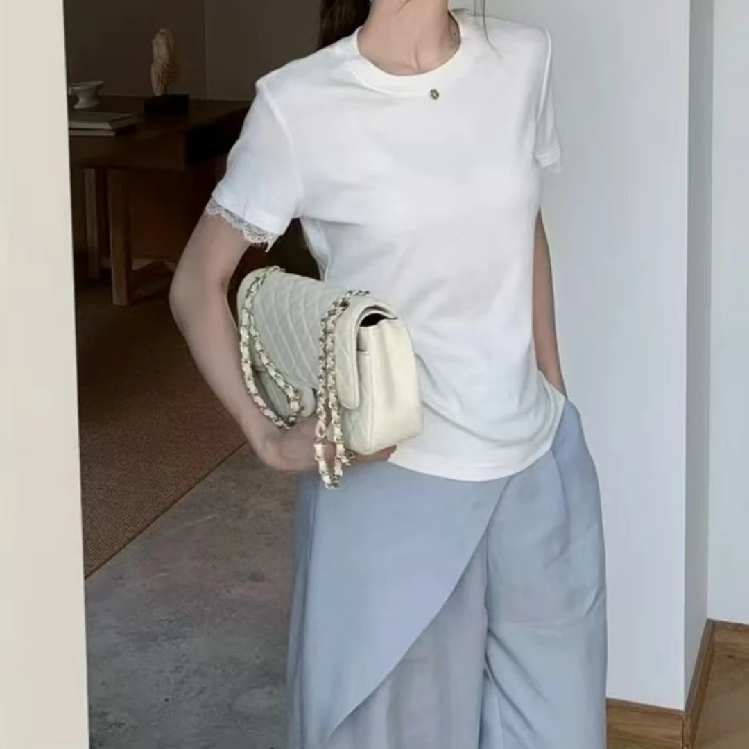 Manmi 甜美百搭蕾丝花边镂空短袖T恤 66378（B6）