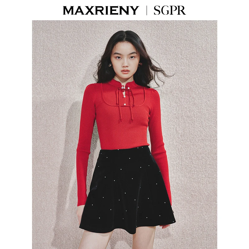 MAXRIENY2025秋冬新年红系列国风套头针织衫新中式显瘦修身上衣