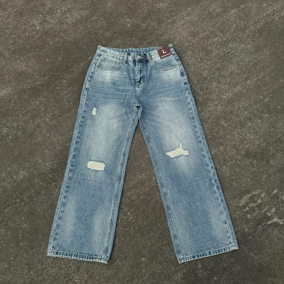 2021m宽松微喇冰川蓝牛破洞经典直筒磨破牛仔裤13盎司美式休闲