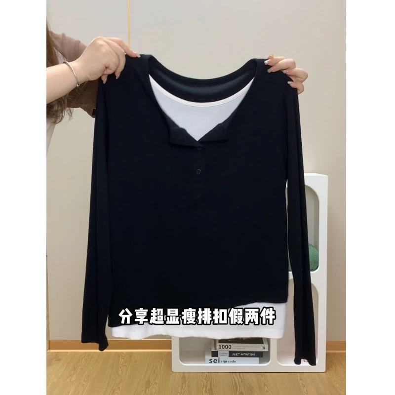 大码200斤小众复古排扣设计感正肩假两件上衣女春遮肉百搭长袖t恤