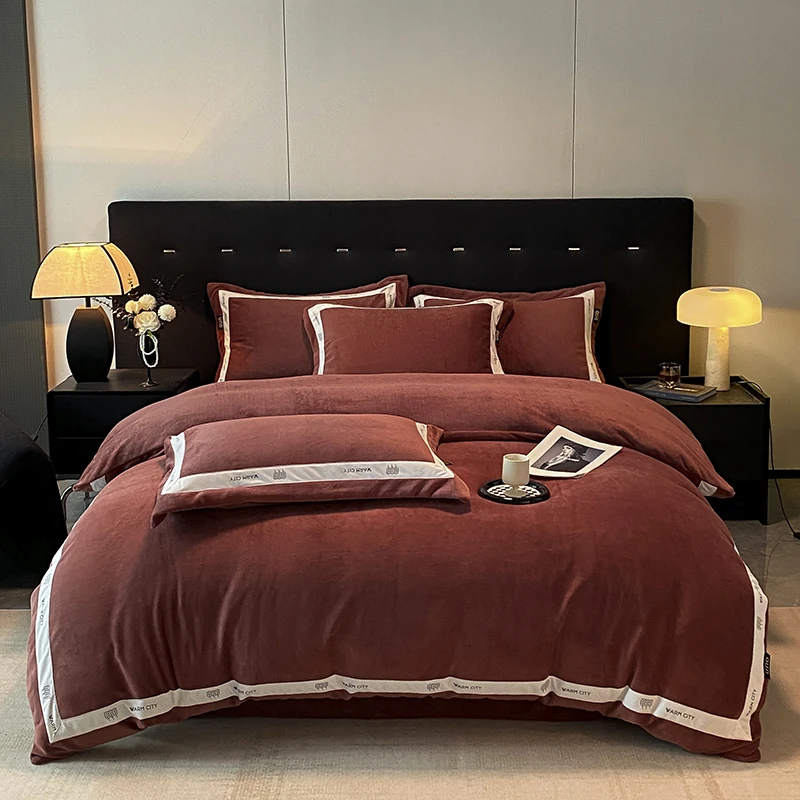 三利简约加厚织带牛奶绒格调套件加绒双面轻奢秋冬厚款保暖亲肤