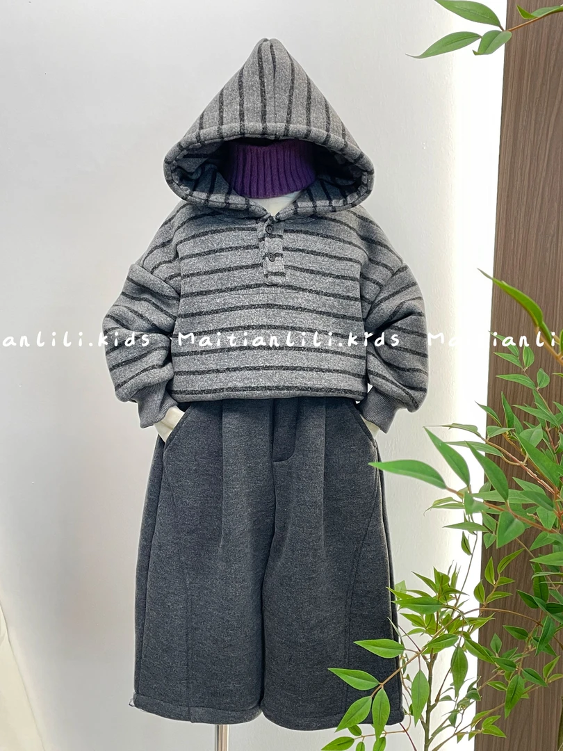 麦田里里.儿童卫衣25冬新款童装男童加绒加厚条纹连帽卫衣
