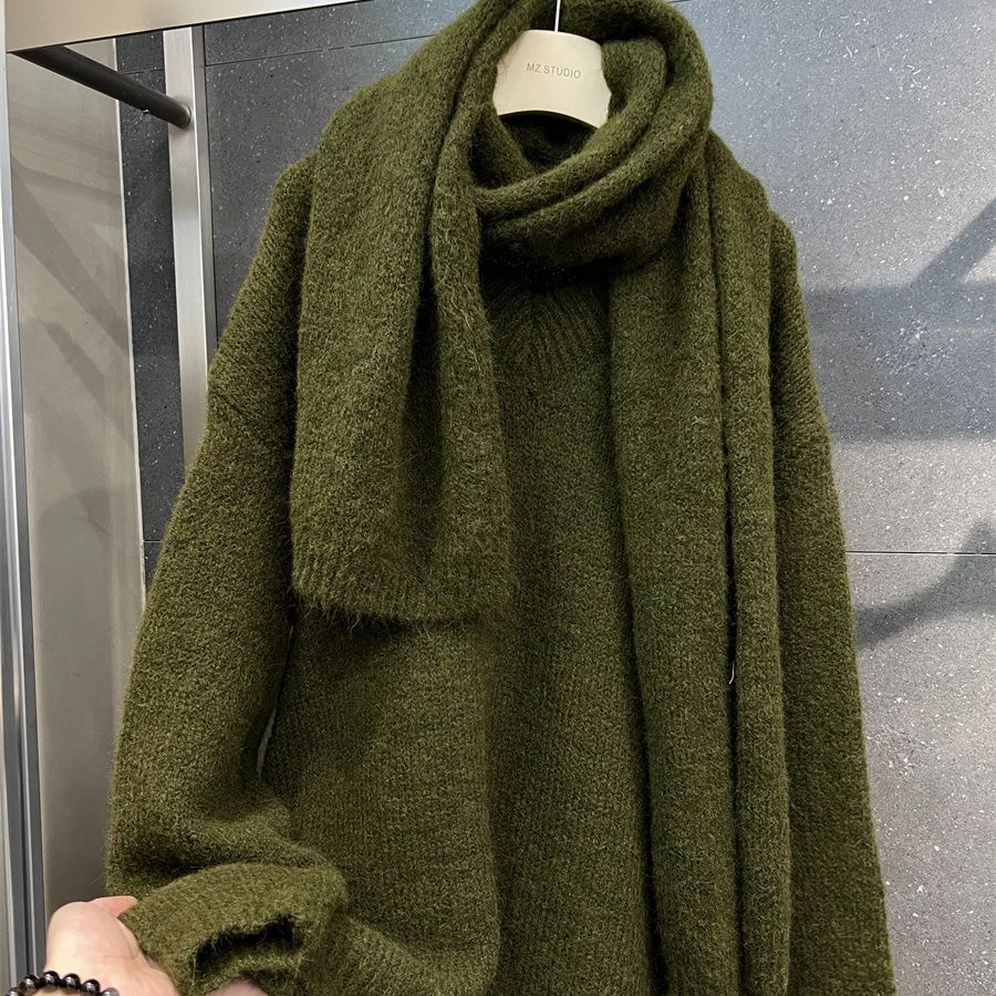 秋冬新款休闲宽松百搭V领带围脖针织毛衣女