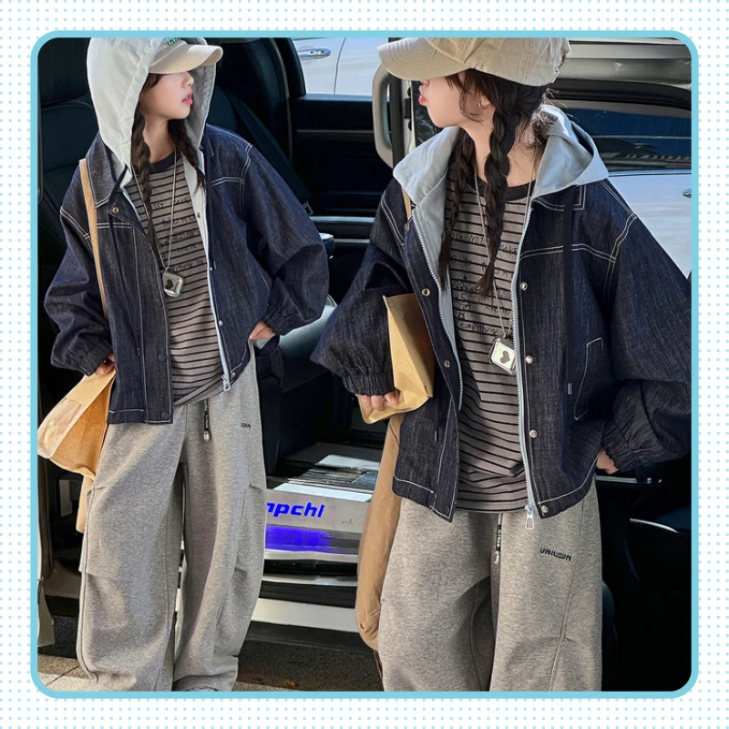 女童休闲牛仔外套2025新款中大童秋季外套连帽拼接牛仔外套