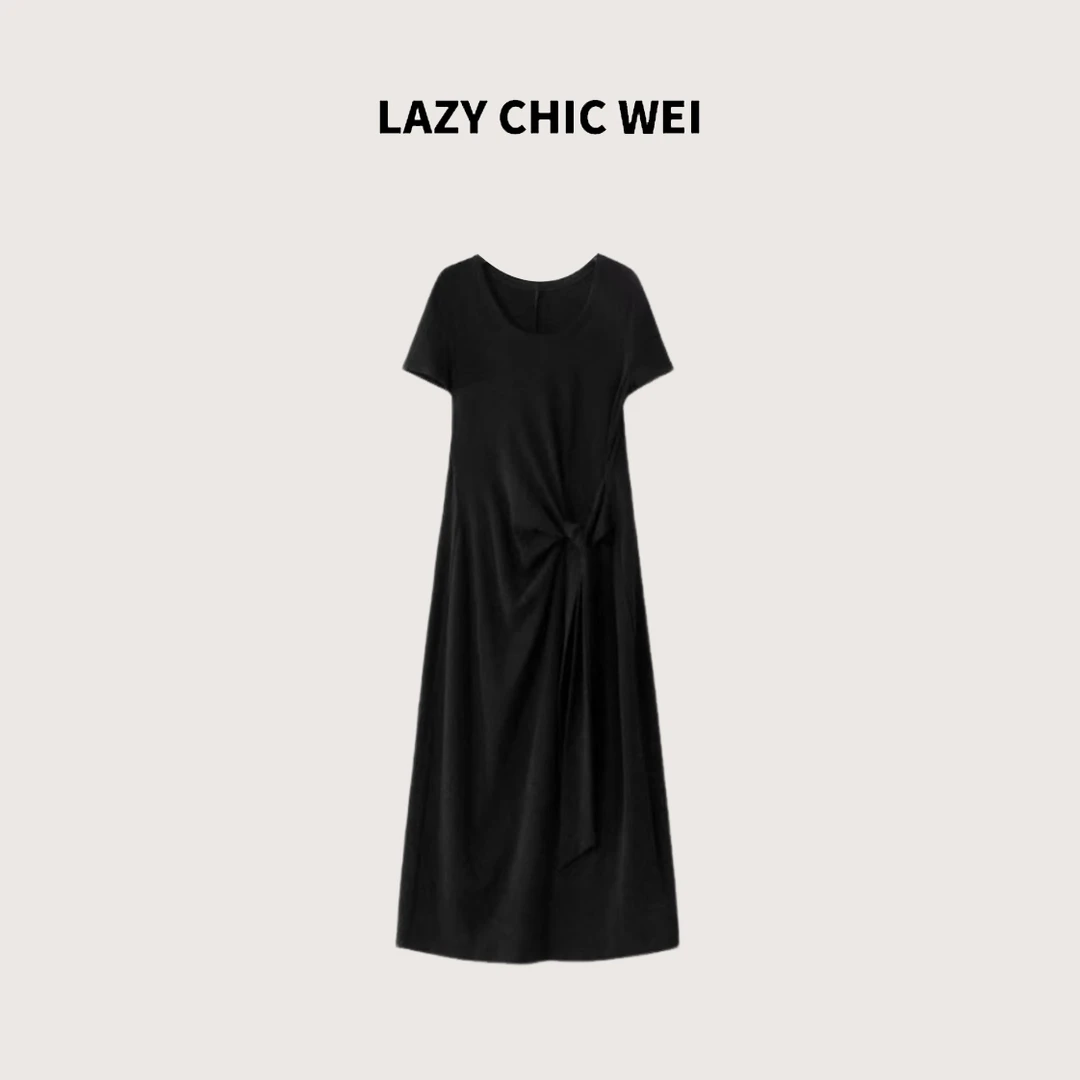 LAZY CHIC WEI 棉混纺软糯收腰大领口T恤裙 25SSW1243