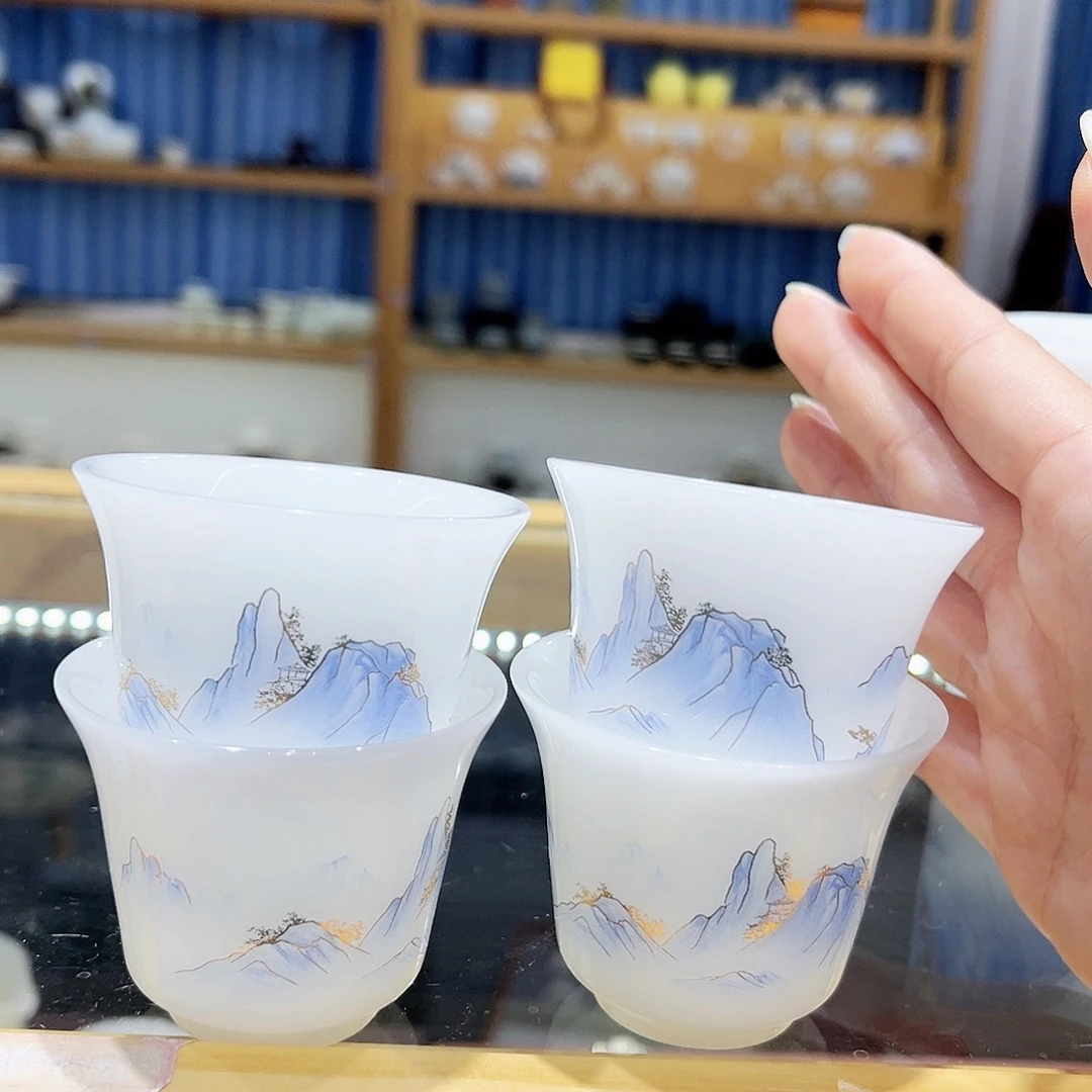 为***诚陶瓷冰种璞玉蓝色山水4个客杯