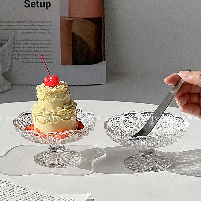 韵器ins风玻璃浮雕矮脚雪糕盘水果甜品蛋糕盘零食茶点碟高颜值