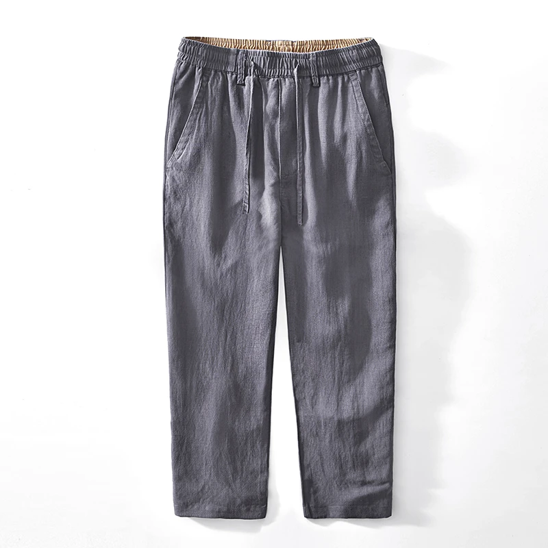 男士长裤松紧腰亚麻裤直筒宽松长裤亚麻天丝混纺透气裤子休闲