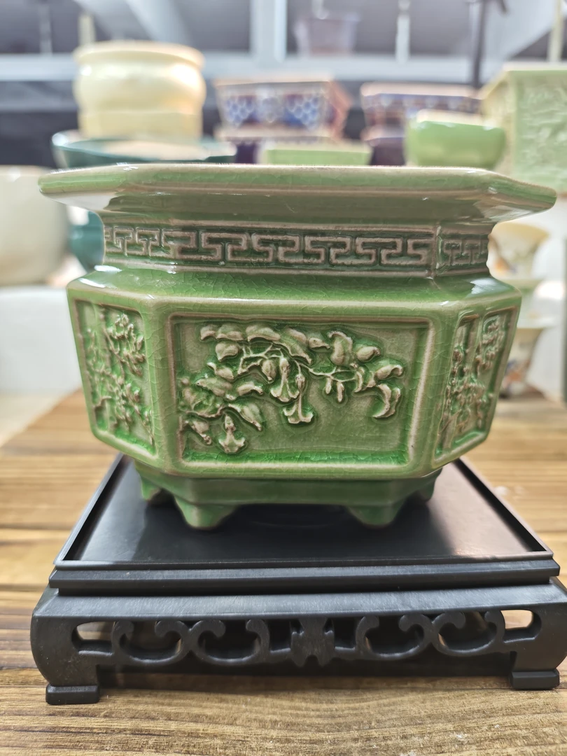 【直播浮力843】14＊10cm花盆＋底座浮雕冰裂春夏秋冬创意八方八足盆