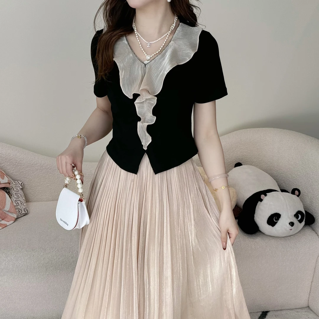 荷叶边V领短袖T恤衬衫女夏款设计感小众遮肉显瘦上衣