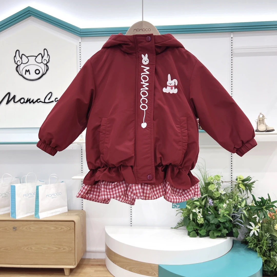 MOMOCO2025冬季女童洋气红色连帽保暖厚款秋冬外套