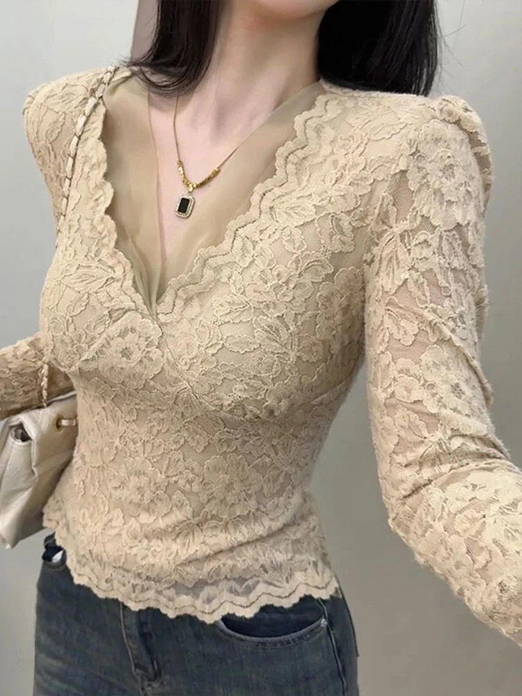 2025新款设计款修身V领性感辣妹长袖蕾丝秋冬打底衫磨毛修身T恤女