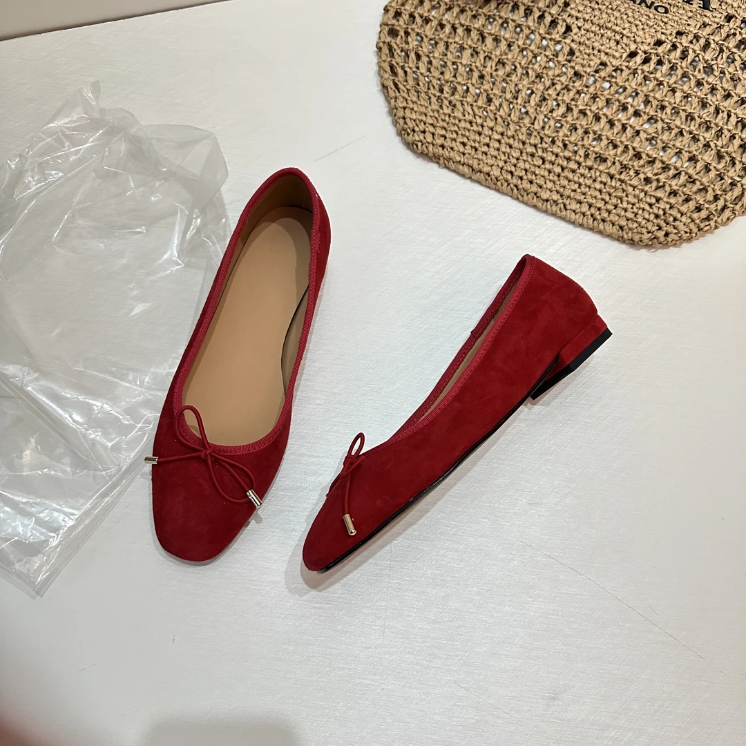 通勤风蝴蝶结平跟浅口套脚单鞋方头圆头奶奶鞋低跟气质舒适百搭