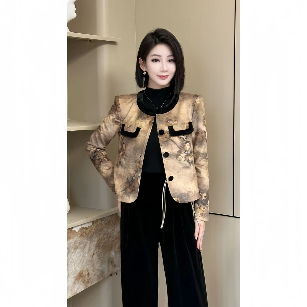 格娜新款2025秋冬气质轻奢短款外套时尚设计师女士两件套裤子套装