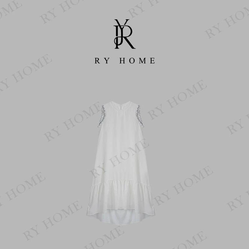 【容雨RYHOME】亚麻莱赛尔＋醋酸花边无袖圆领背心连衣裙252L1452