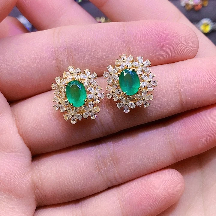 祖母绿银S925镶嵌耳饰