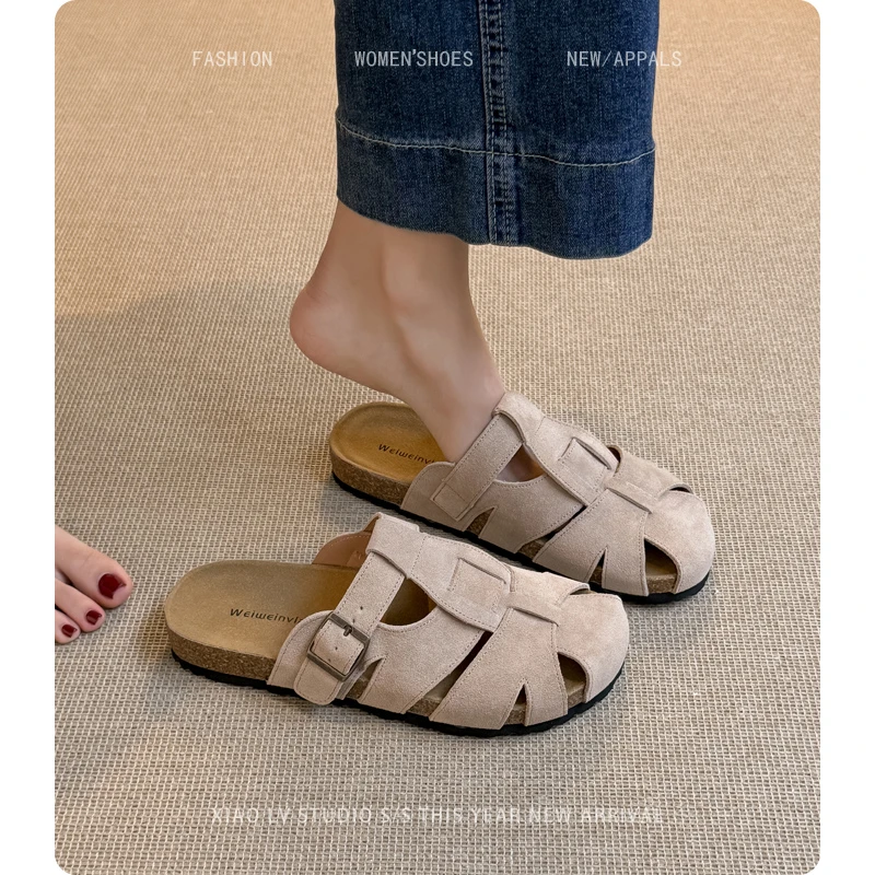 包头拖鞋女外穿夏凉拖真皮镂空厚底勃肯罗马半拖鞋大码凉鞋41到43