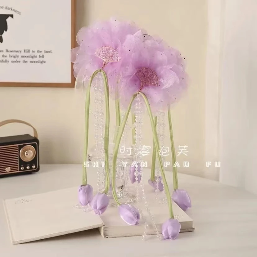 花朵团扇郁金香抓夹可拆卸流苏花朵团扇发饰夏季专属后脑勺显发量