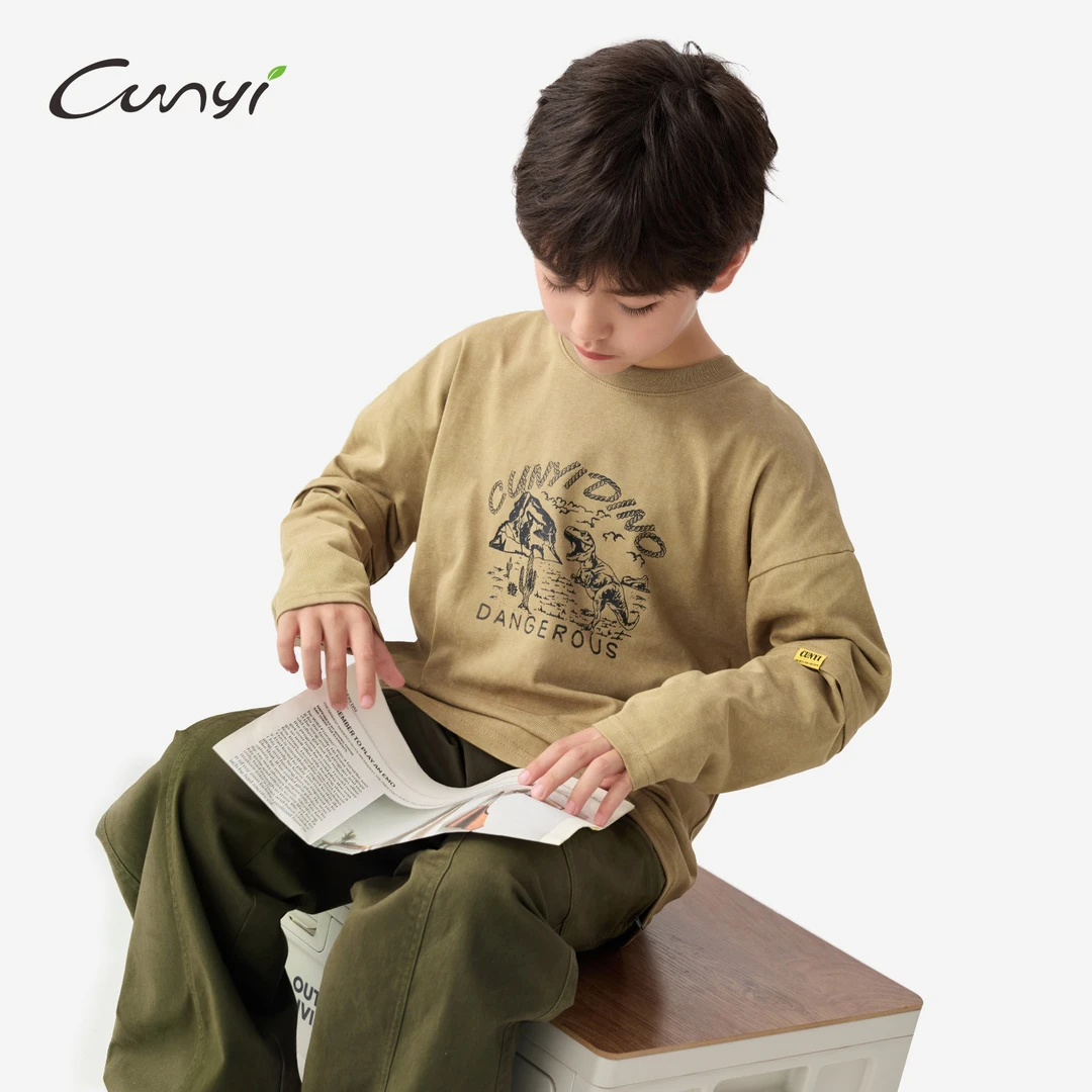 纯一良品童装男童假两件长袖T恤2025秋季中大童复古恐龙印花上衣