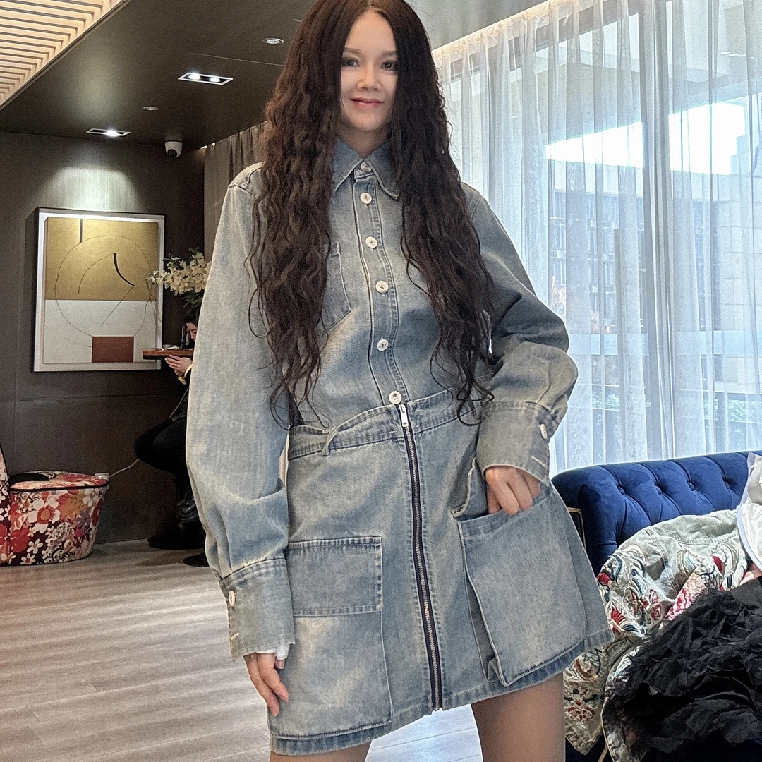 【周周家】衬衫领时尚韩版气质百搭牛仔个性减龄连体裙套装