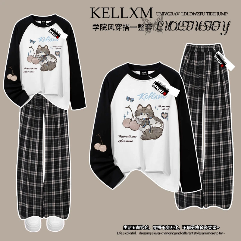 学院风仿刺绣猫咪女童早秋新款插肩长袖t恤格子长裤洋气时尚套装