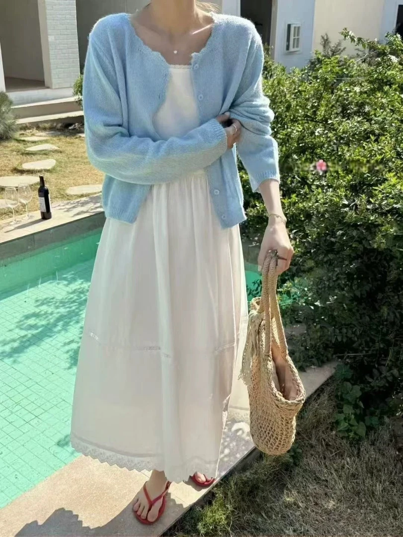 春季新款甜美洋气花边圆领排扣舒适亲肤显瘦减龄休闲针织开衫-G