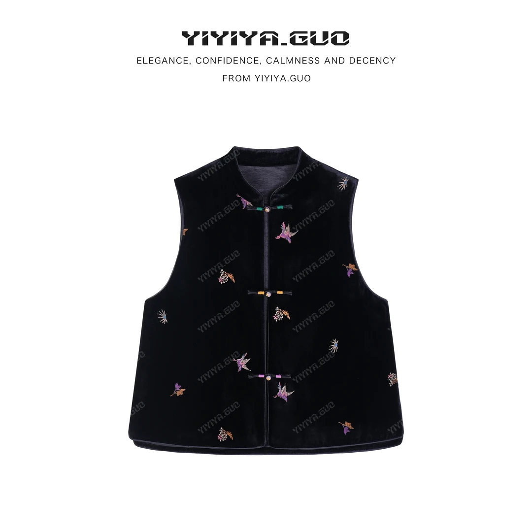 yiyiya.Guo艺艺吖秋冬新款立领喜鹊刺绣盘扣开襟马甲2883SS52