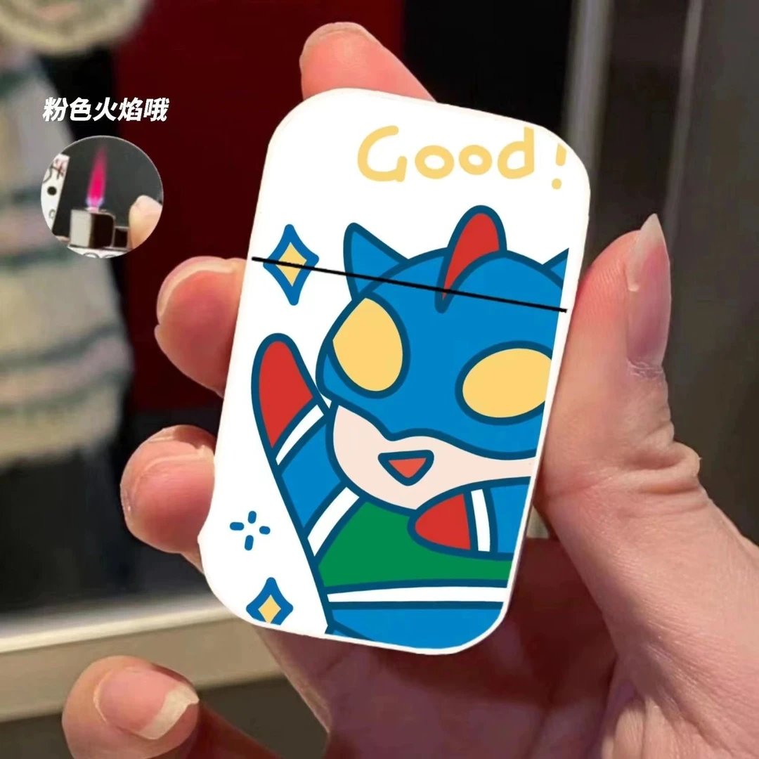 可爱草莓熊ins风蓝胖子粉色火焰翻盖式防风充气火机个性创意礼物