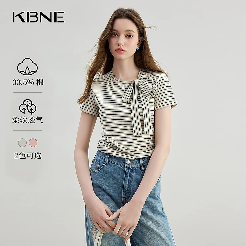 KBNE短袖女款爆款2025新款撞色条纹蝴蝶结领口设计感上衣短袖t恤